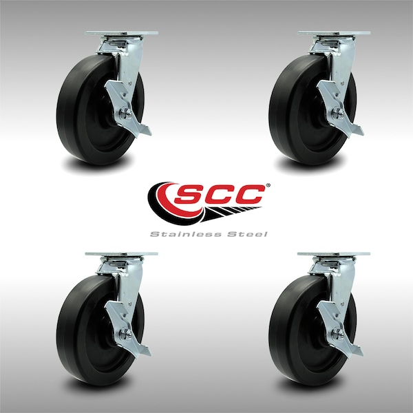 8 Inch SS Polyolefin Swivel Caster Set with Roller Bearings and Brakes SCC